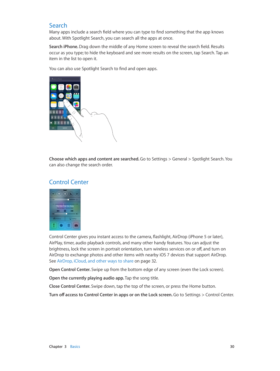 Search, Control center, 30 search 30 control center | Apple iPhone iOS 7.1 User Manual | Page 30 / 162