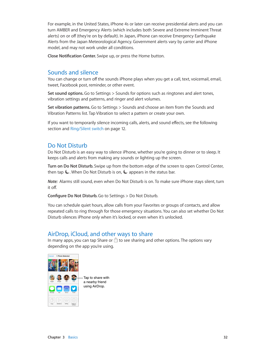 Sounds and silence, Do not disturb, Airdrop, icloud, and other ways to share | Do not, Disturb | Apple iPhone iOS 7.1 User Manual | Page 32 / 162