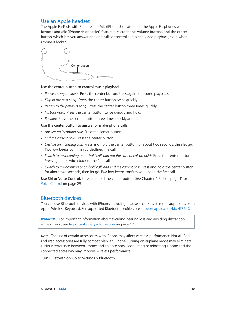 Use an apple headset, Bluetooth devices, 35 use an apple headset 35 bluetooth devices | Apple iPhone iOS 7.1 User Manual | Page 35 / 162