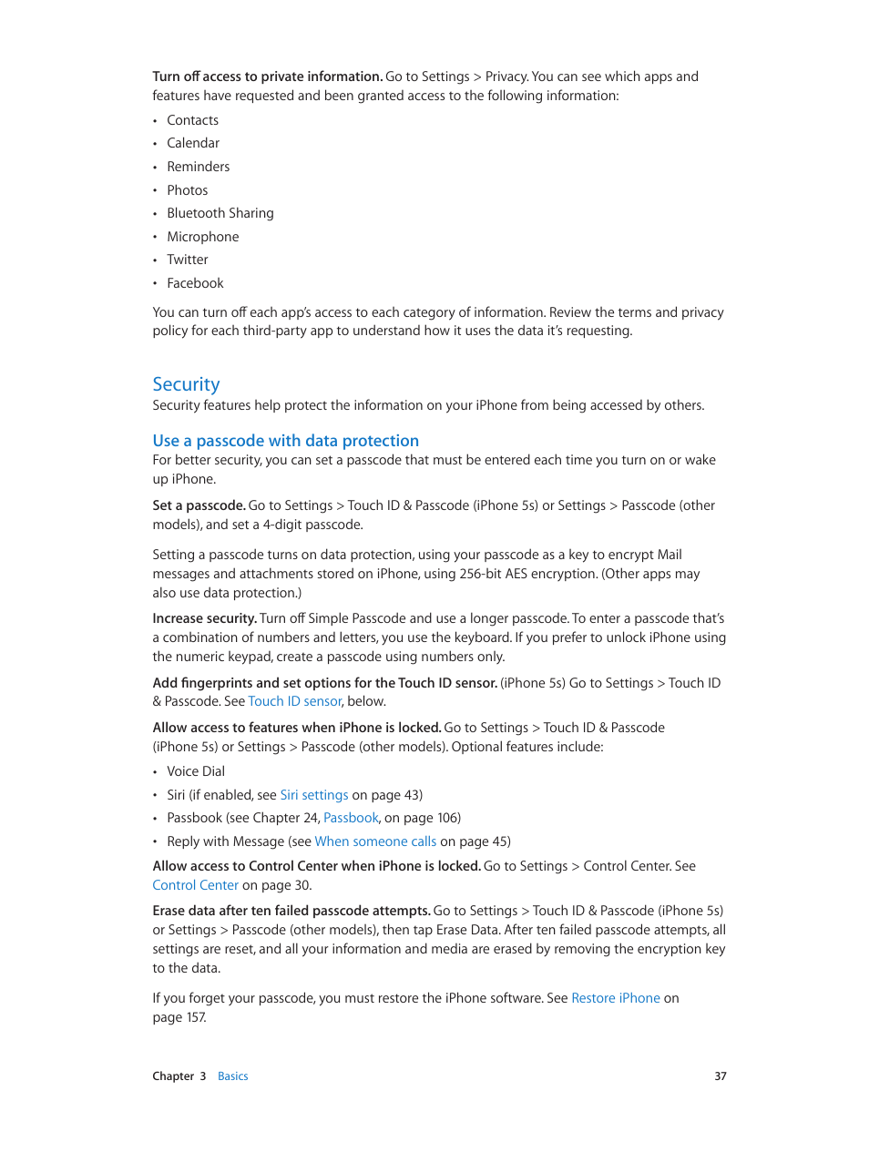 Security, 37 security, Use a passcode with data protection | Apple iPhone iOS 7.1 User Manual | Page 37 / 162