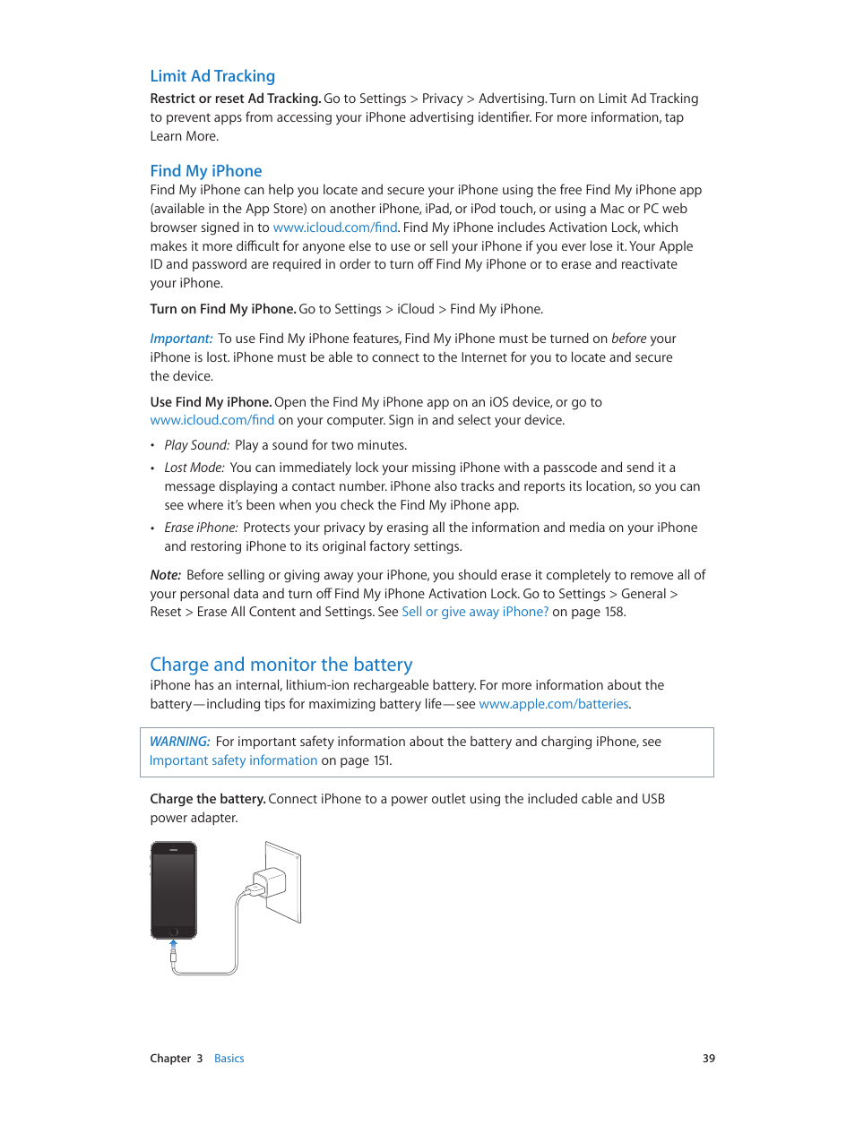 Charge and monitor the battery, 39 charge and monitor the battery, Charge and | Monitor the battery, Find my iphone, Find, My iphone, Limit ad tracking | Apple iPhone iOS 7.1 User Manual | Page 39 / 162