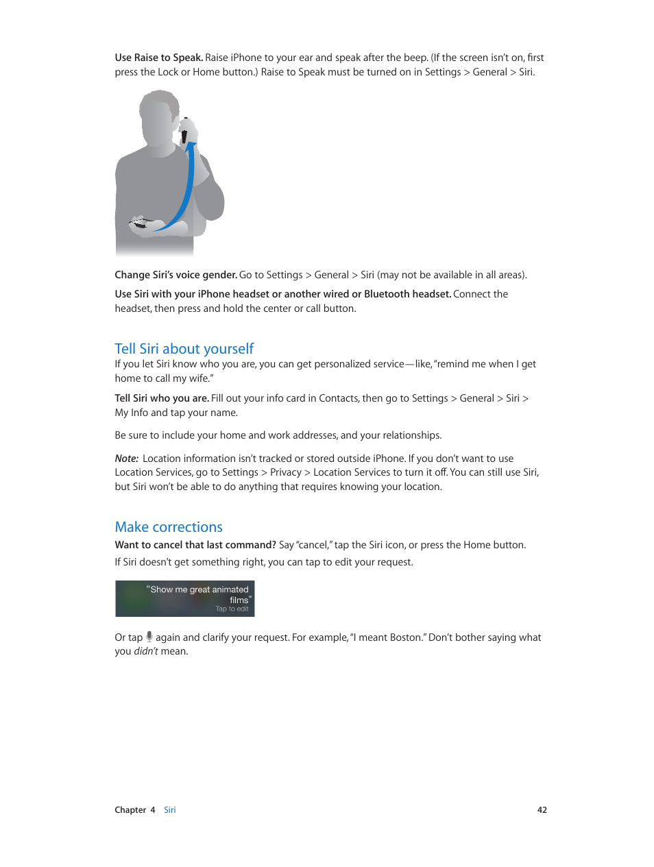 Tell siri about yourself, Make corrections, 42 tell siri about yourself 42 make corrections | Apple iPhone iOS 7.1 User Manual | Page 42 / 162