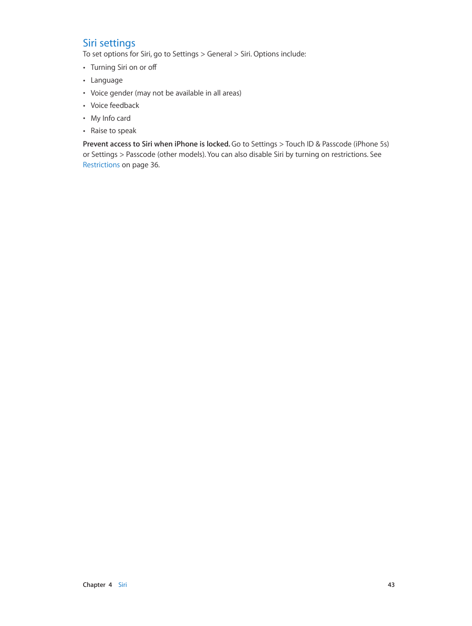 Siri settings, 43 siri settings | Apple iPhone iOS 7.1 User Manual | Page 43 / 162