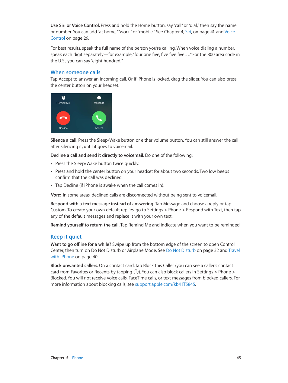 Ssage (see, When someone calls, Keep it quiet | Apple iPhone iOS 7.1 User Manual | Page 45 / 162