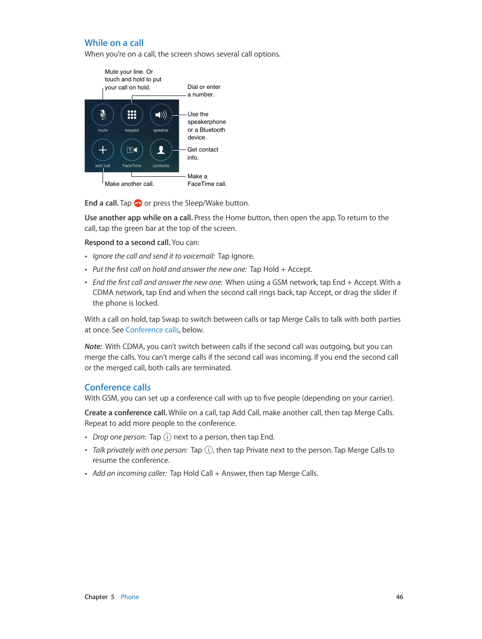 While on a call, Conference calls | Apple iPhone iOS 7.1 User Manual | Page 46 / 162