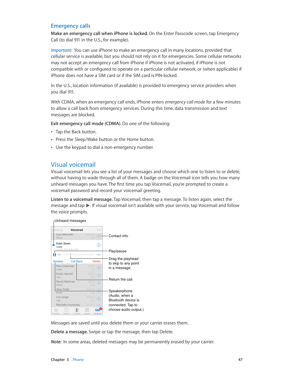 Visual voicemail, 47 visual voicemail, Emergency calls | Apple iPhone iOS 7.1 User Manual | Page 47 / 162