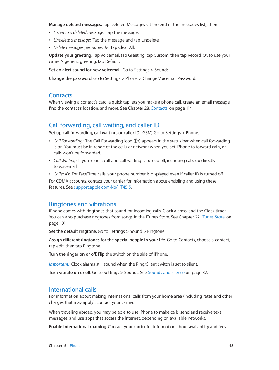 Contacts, Call forwarding, call waiting, and caller id, Ringtones and vibrations | International calls, Call forwarding, call waiting, and caller | Apple iPhone iOS 7.1 User Manual | Page 48 / 162