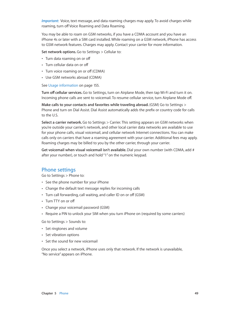 Phone settings, 49 phone settings | Apple iPhone iOS 7.1 User Manual | Page 49 / 162