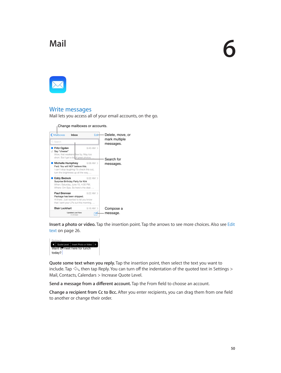 Chapter 6: mail, Write messages, 50 write messages | Mail | Apple iPhone iOS 7.1 User Manual | Page 50 / 162