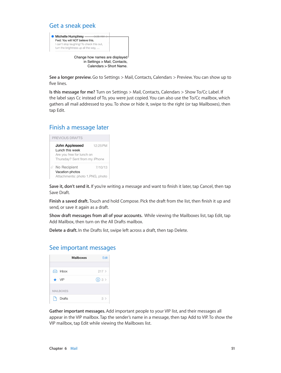 Get a sneak peek, Finish a message later, See important messages | Apple iPhone iOS 7.1 User Manual | Page 51 / 162