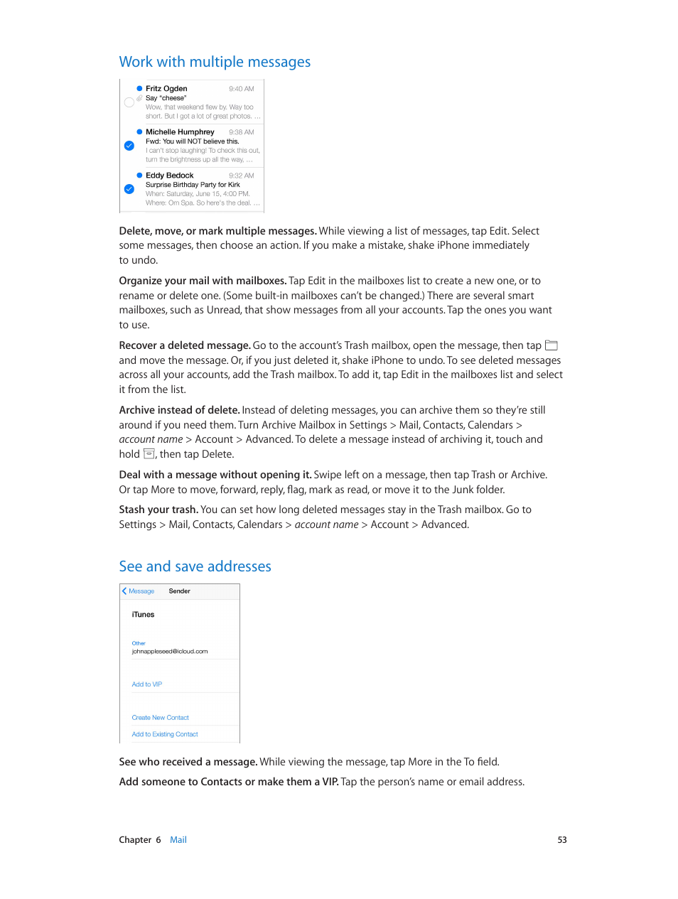 Work with multiple messages, See and save addresses | Apple iPhone iOS 7.1 User Manual | Page 53 / 162