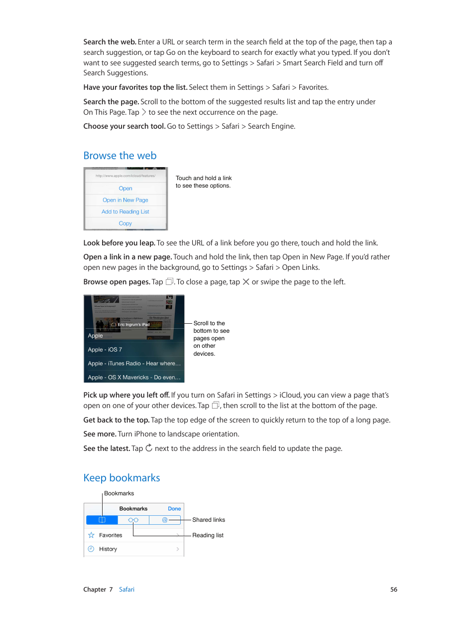 Browse the web, Keep bookmarks, 56 browse the web 56 keep bookmarks | Apple iPhone iOS 7.1 User Manual | Page 56 / 162