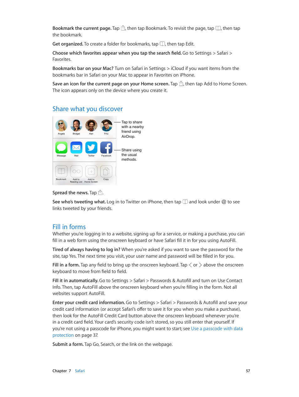 Share what you discover, Fill in forms, 57 share what you discover 57 fill in forms | Apple iPhone iOS 7.1 User Manual | Page 57 / 162