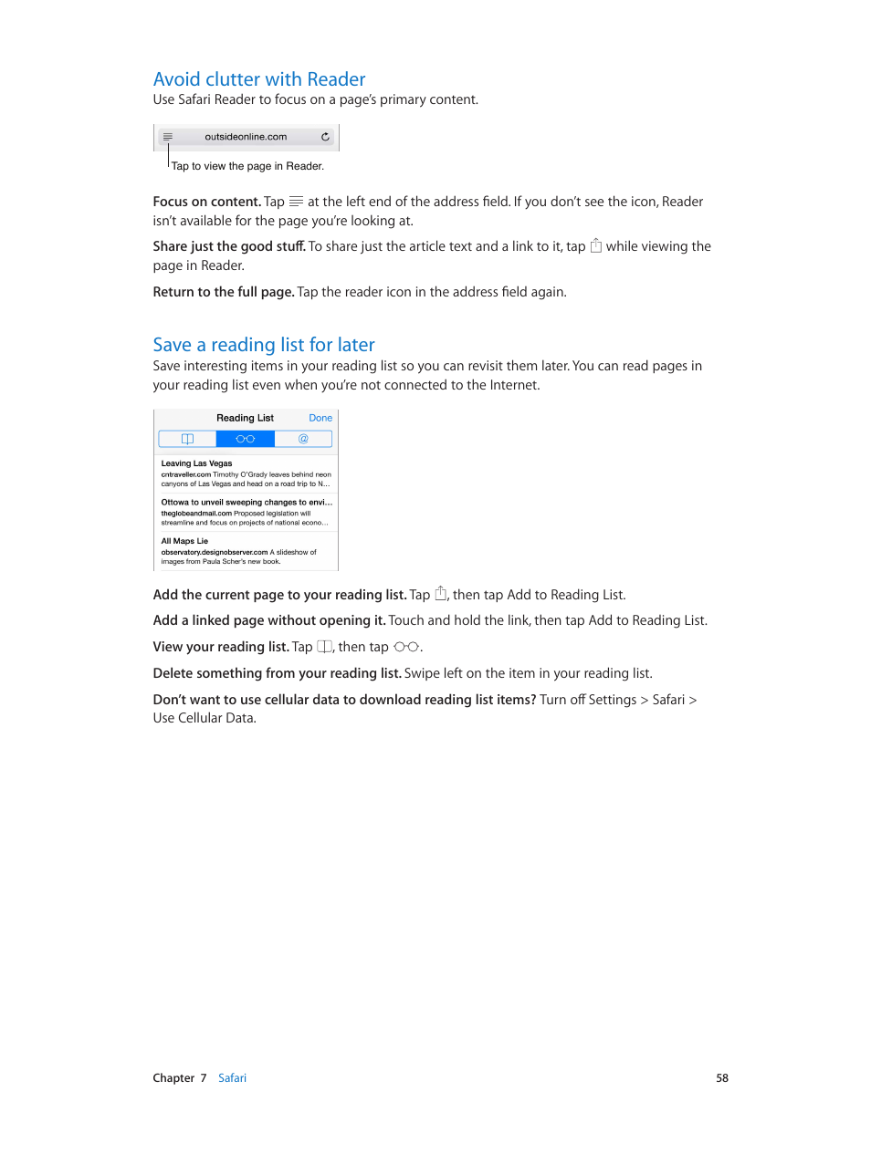 Avoid clutter with reader, Save a reading list for later | Apple iPhone iOS 7.1 User Manual | Page 58 / 162