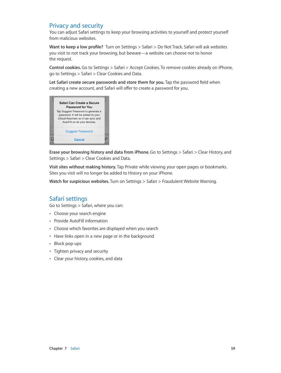 Privacy and security, Safari settings, 59 privacy and security 59 safari settings | Apple iPhone iOS 7.1 User Manual | Page 59 / 162