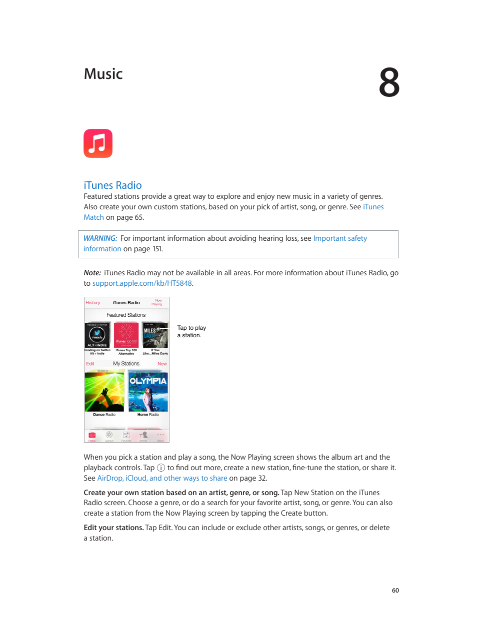 Chapter 8: music, Itunes radio, 60 itunes radio | Music | Apple iPhone iOS 7.1 User Manual | Page 60 / 162