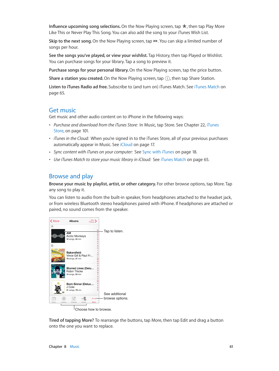 Get music, Browse and play, 61 get music 61 browse and play | Apple iPhone iOS 7.1 User Manual | Page 61 / 162