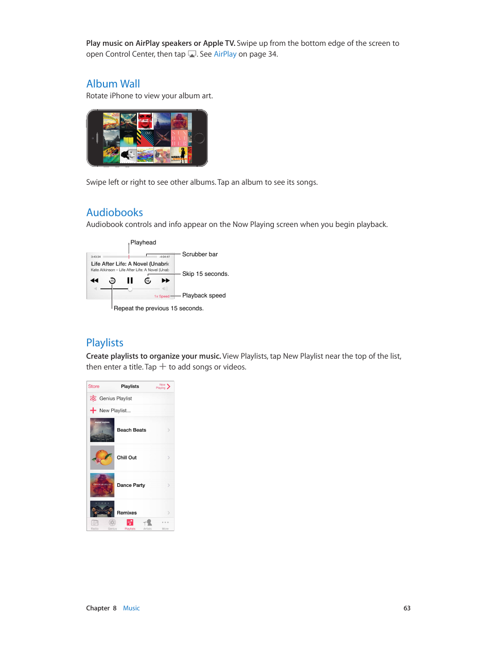 Album wall, Audiobooks, Playlists | 63 album wall 63 audiobooks 63 playlists | Apple iPhone iOS 7.1 User Manual | Page 63 / 162