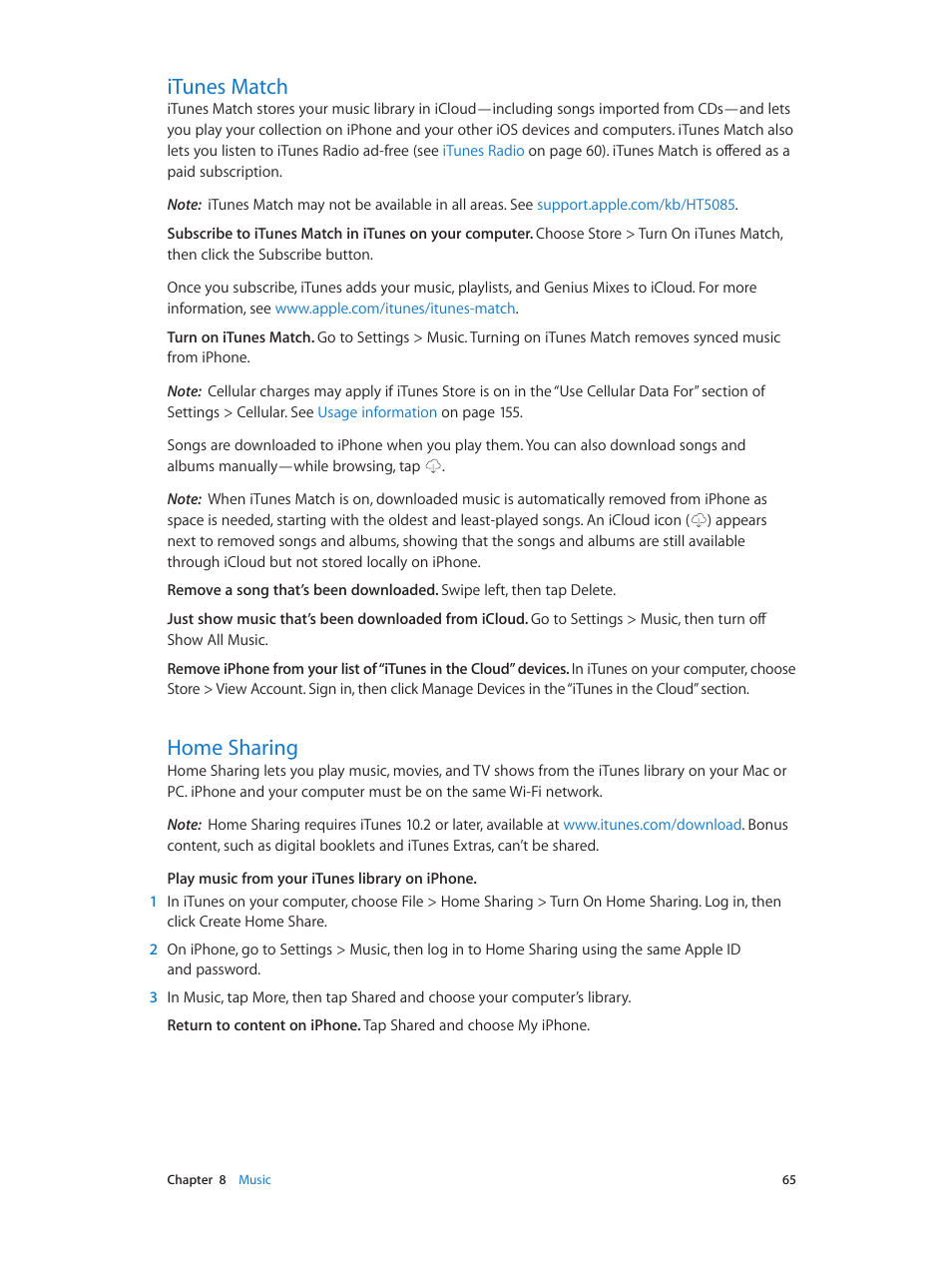 Itunes match, Home sharing, 65 itunes match 65 home sharing | Itunes, Match | Apple iPhone iOS 7.1 User Manual | Page 65 / 162