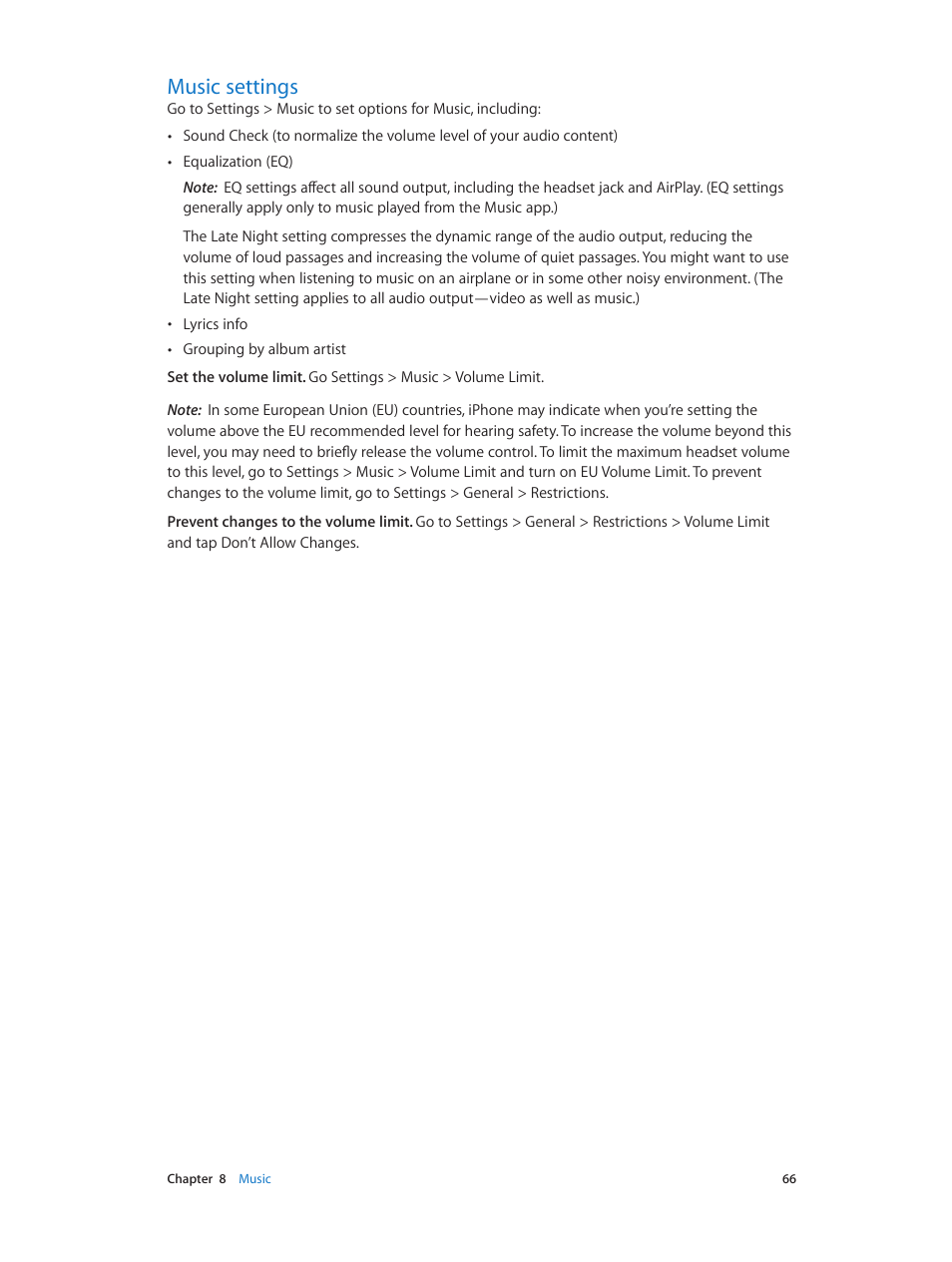 Music settings, 66 music settings | Apple iPhone iOS 7.1 User Manual | Page 66 / 162