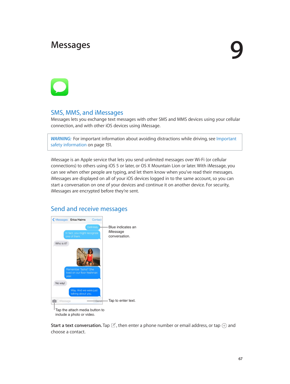 Chapter 9: messages, Sms, mms, and imessages, Send and receive messages | Messages | Apple iPhone iOS 7.1 User Manual | Page 67 / 162