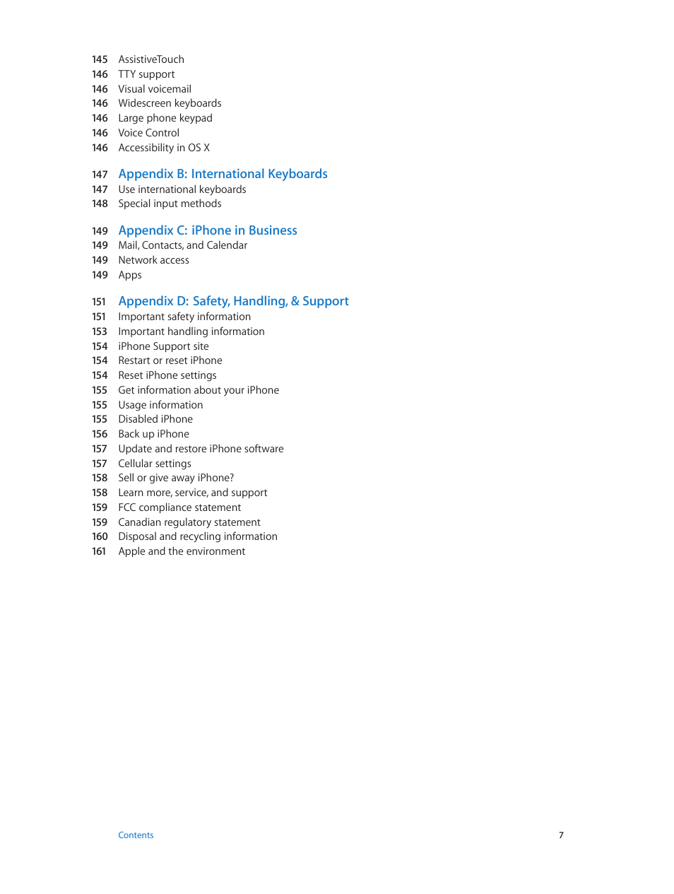 Appendix b: international keyboards, Appendix c: iphone in business, Appendix d: safety, handling, & support | Apple iPhone iOS 7.1 User Manual | Page 7 / 162