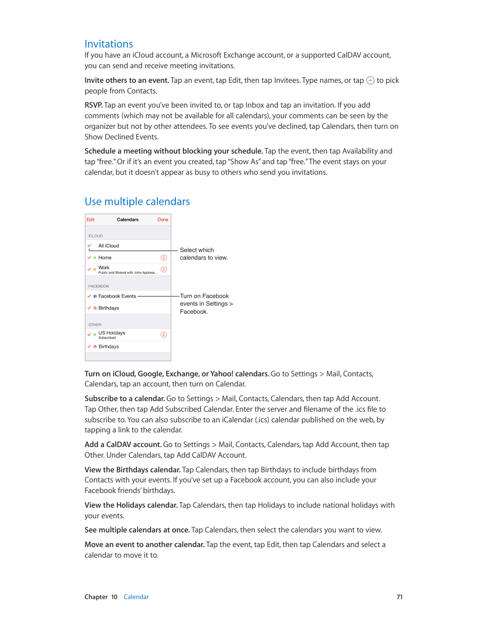 Invitations, Use multiple calendars, 71 invitations 71 use multiple calendars | Apple iPhone iOS 7.1 User Manual | Page 71 / 162