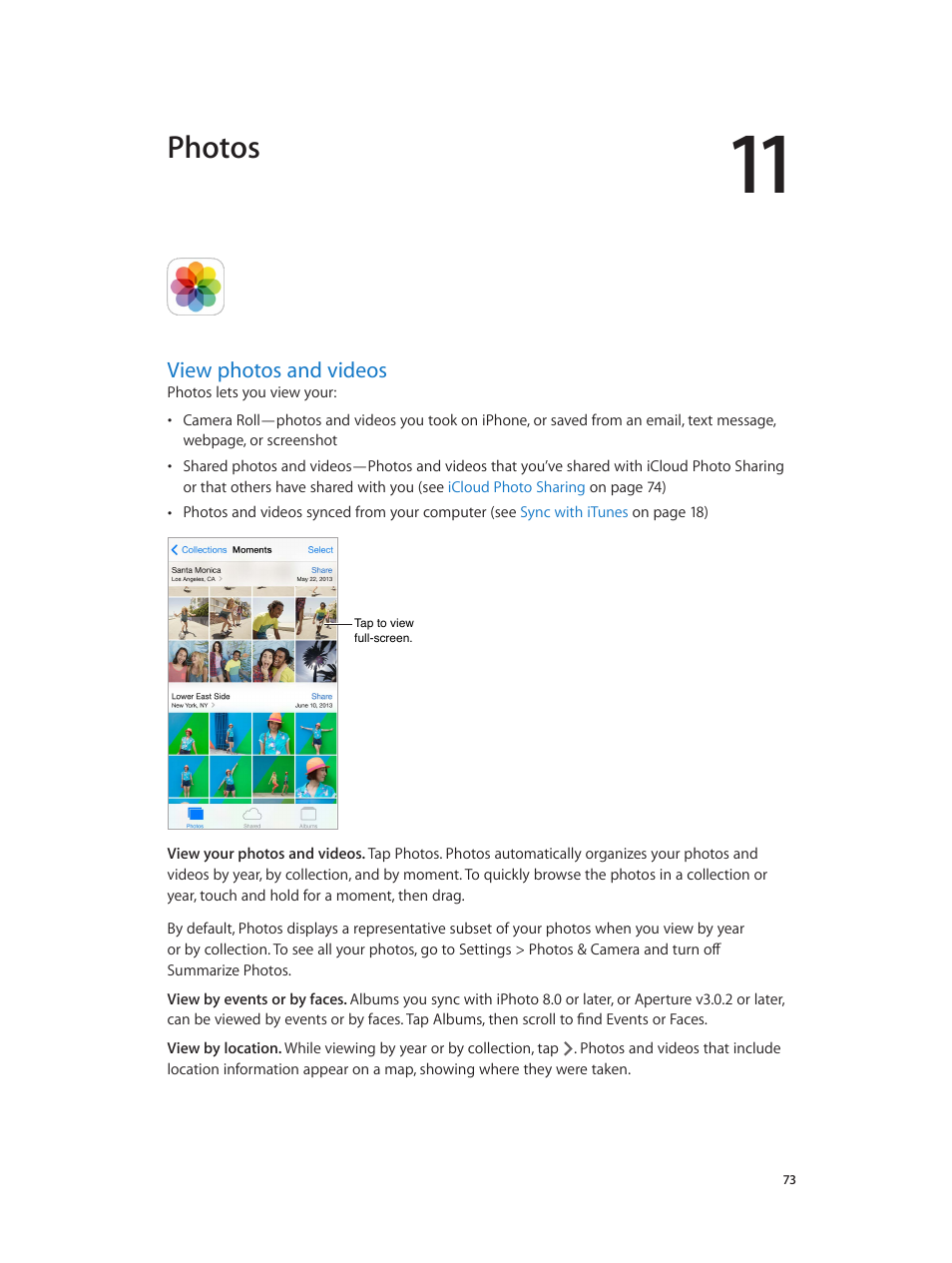 Chapter 11: photos, View photos and videos, 73 view photos and videos | Photos | Apple iPhone iOS 7.1 User Manual | Page 73 / 162