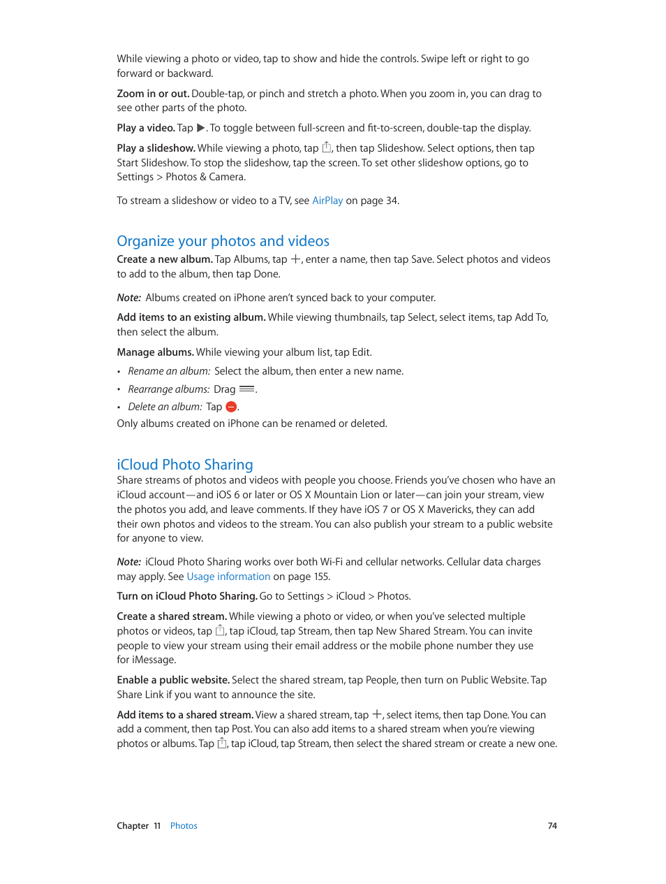 Organize your photos and videos, Icloud photo sharing, Icloud photo | Sharing | Apple iPhone iOS 7.1 User Manual | Page 74 / 162