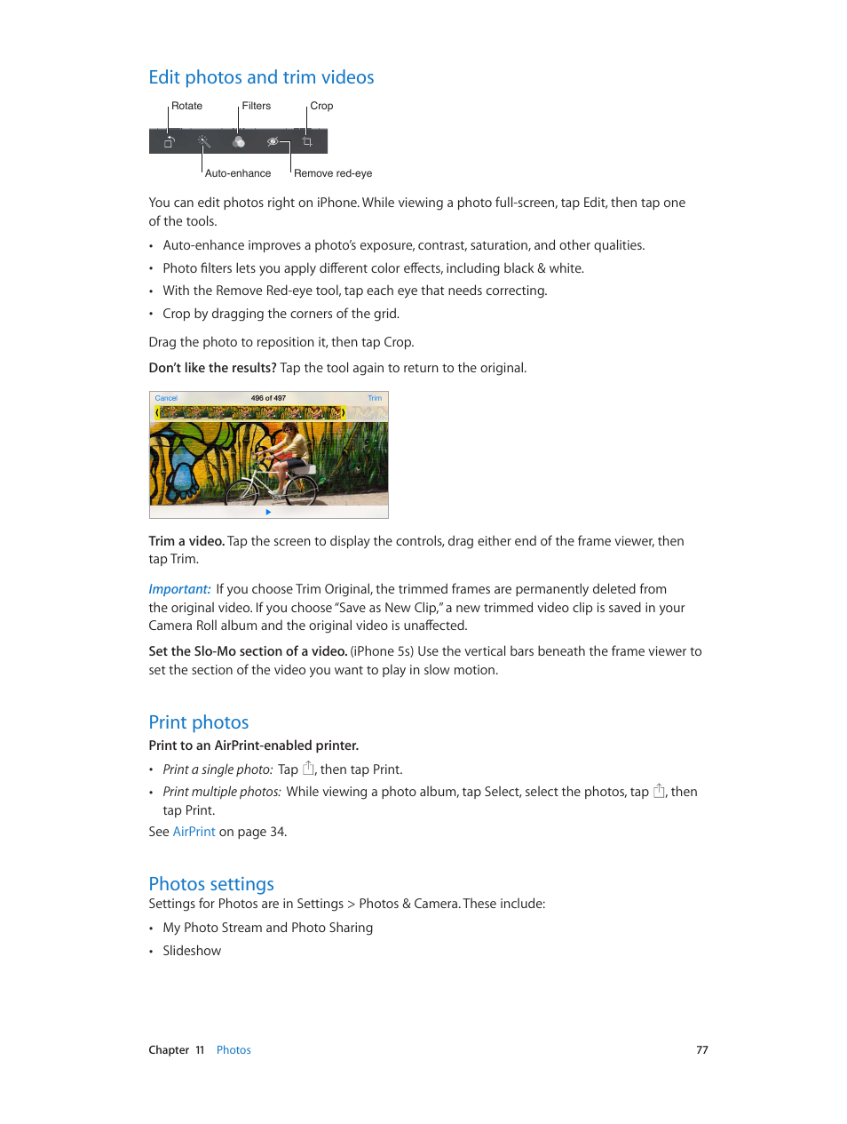 Edit photos and trim videos, Print photos, Photos settings | Apple iPhone iOS 7.1 User Manual | Page 77 / 162
