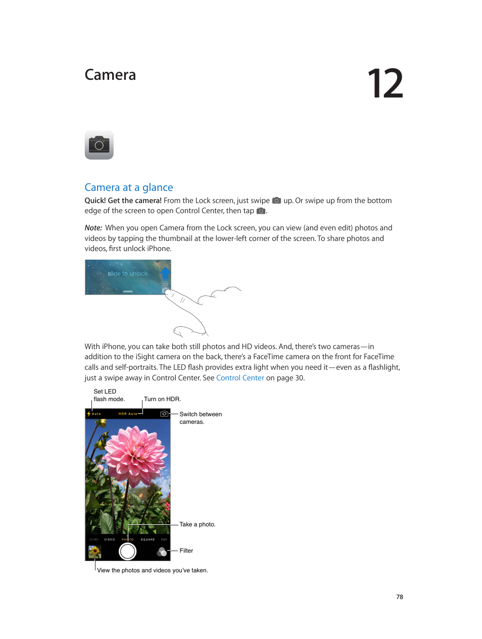 Chapter 12: camera, Camera at a glance, 78 camera at a glance | Camera | Apple iPhone iOS 7.1 User Manual | Page 78 / 162