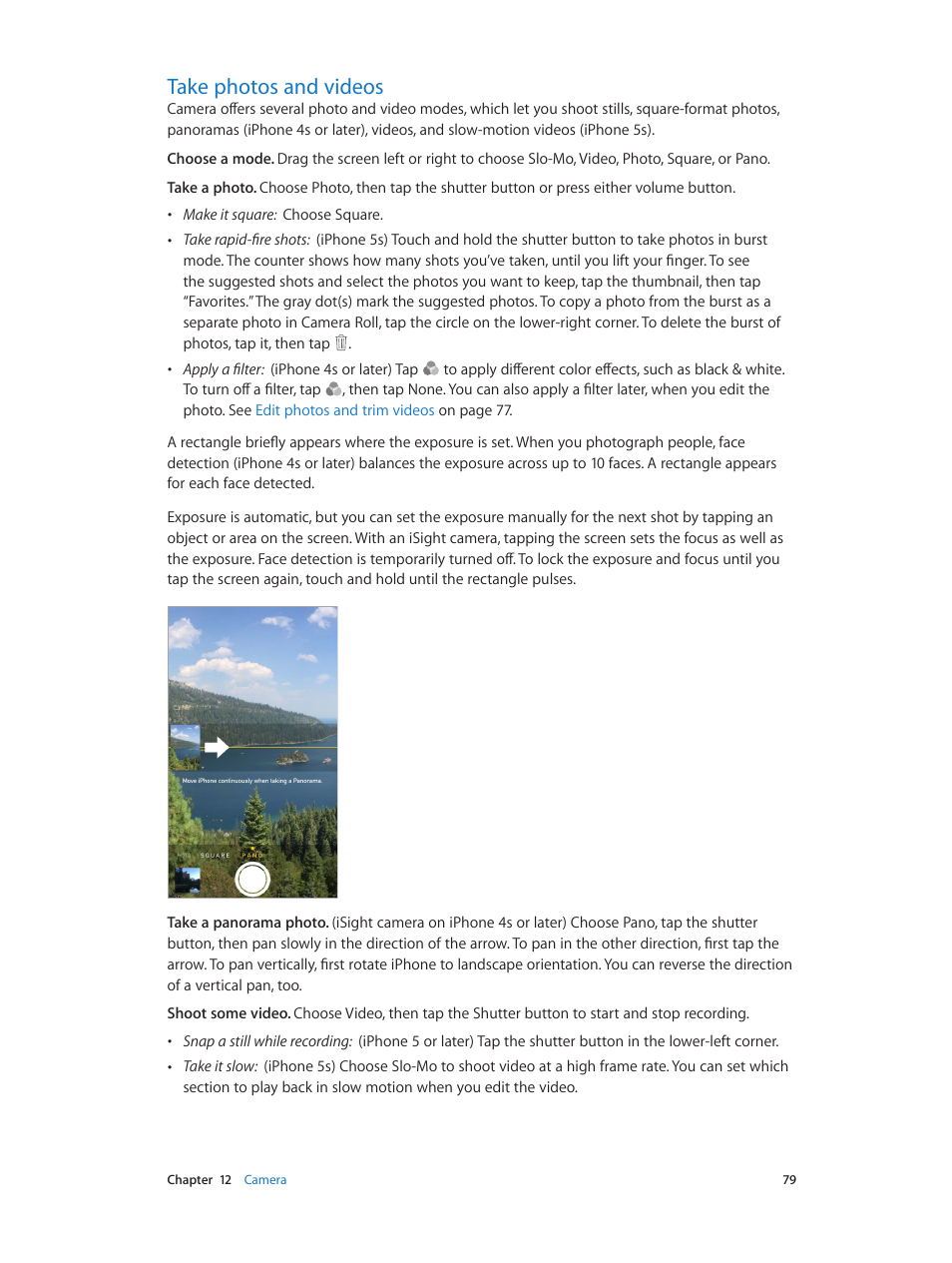 Take photos and videos, 79 take photos and videos, Take photos and | Videos | Apple iPhone iOS 7.1 User Manual | Page 79 / 162