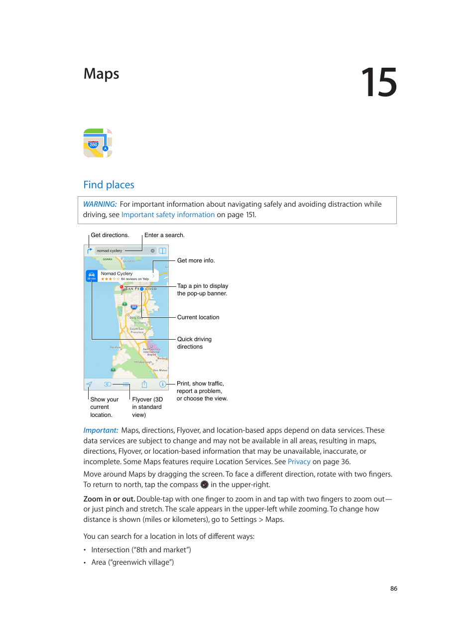 Chapter 15: maps, Find places, 86 find places | Maps | Apple iPhone iOS 7.1 User Manual | Page 86 / 162