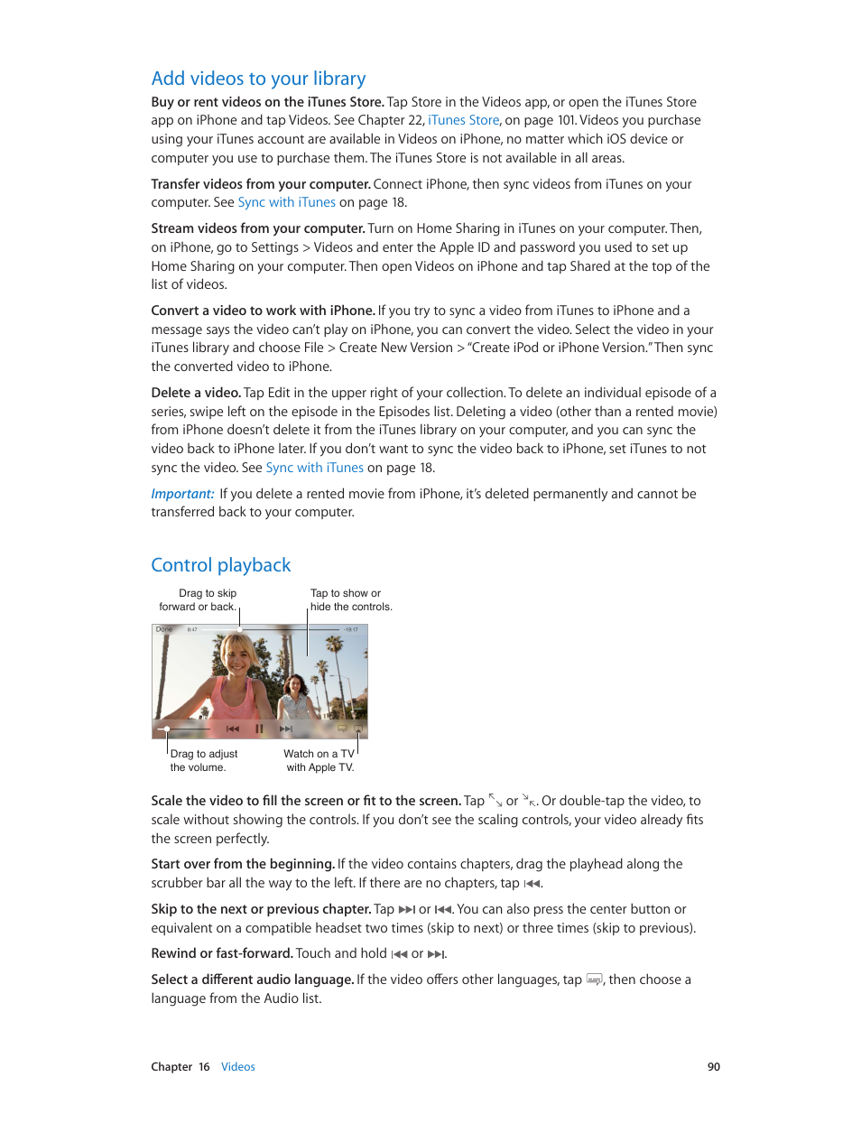 Add videos to your library, Control playback, 90 add videos to your library | 90 control playback | Apple iPhone iOS 7.1 User Manual | Page 90 / 162