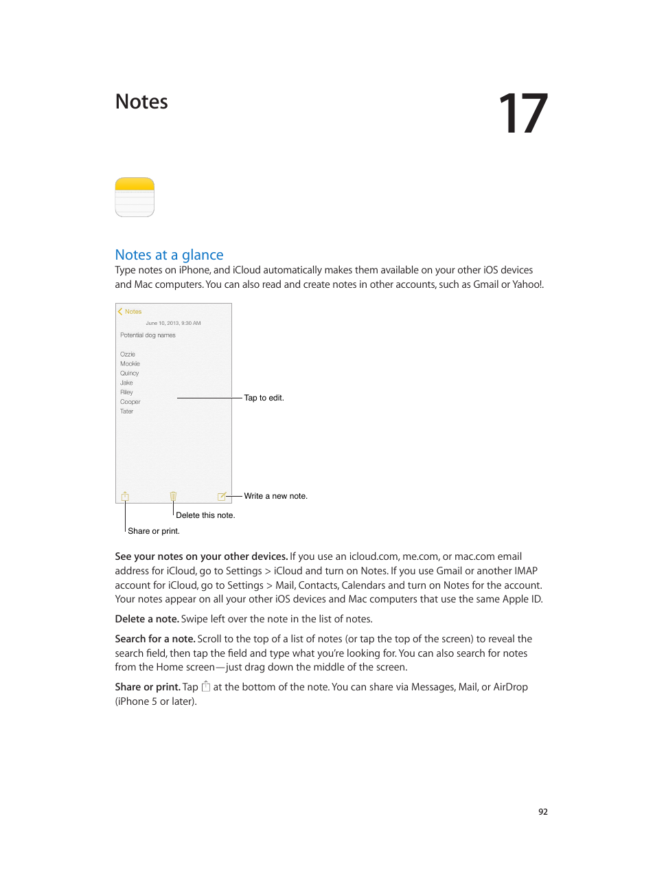 Chapter 17: notes, Notes at a glance, 92 notes at a glance | Apple iPhone iOS 7.1 User Manual | Page 92 / 162