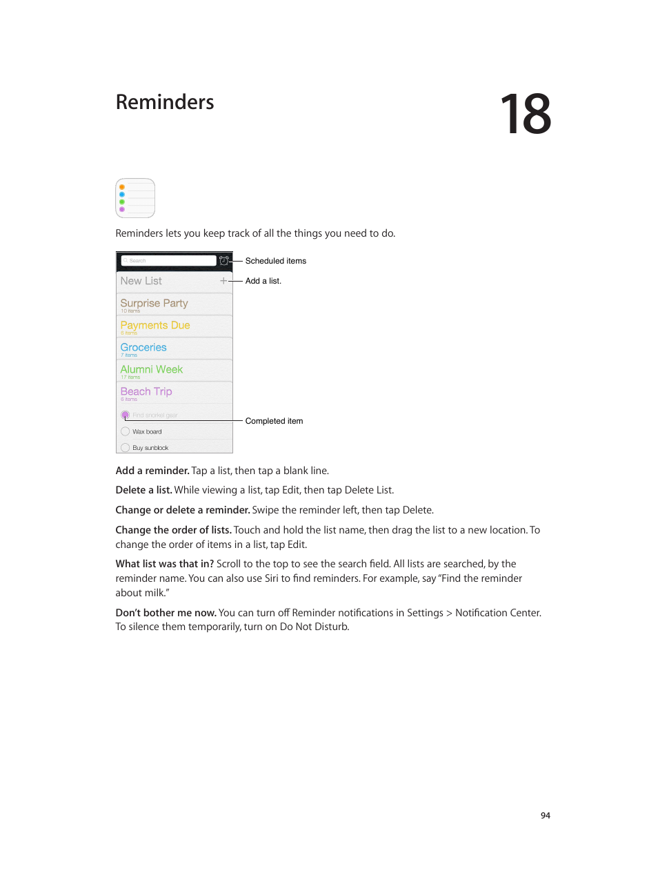 Chapter 18: reminders, Reminders | Apple iPhone iOS 7.1 User Manual | Page 94 / 162