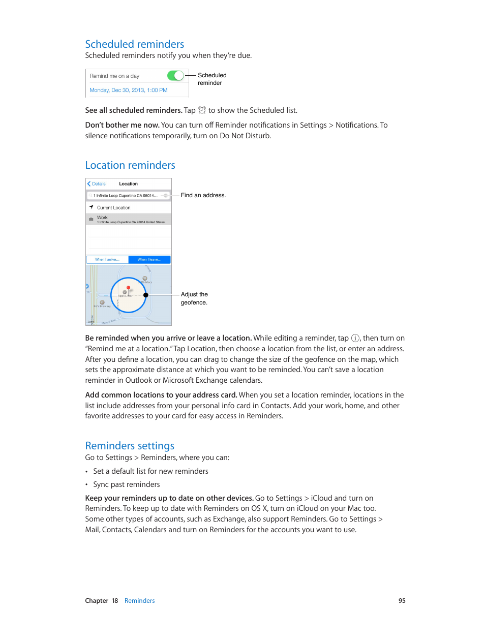 Scheduled reminders, Location reminders, Reminders settings | Apple iPhone iOS 7.1 User Manual | Page 95 / 162