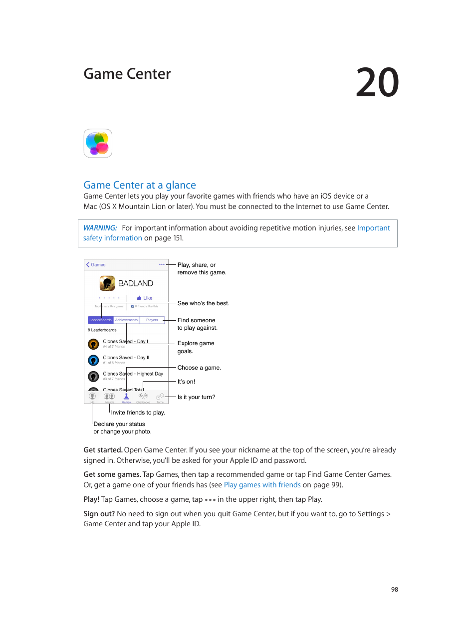 Chapter 20: game center, Game center at a glance, 98 game center at a glance | Game center | Apple iPhone iOS 7.1 User Manual | Page 98 / 162