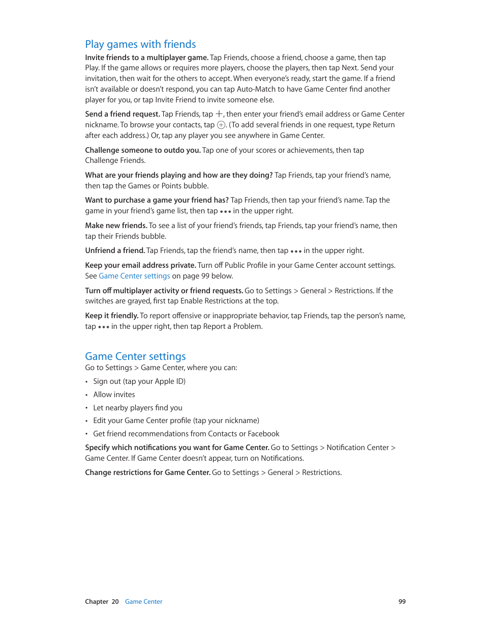 Play games with friends, Game center settings, 99 play games with friends 99 game center settings | Apple iPhone iOS 7.1 User Manual | Page 99 / 162