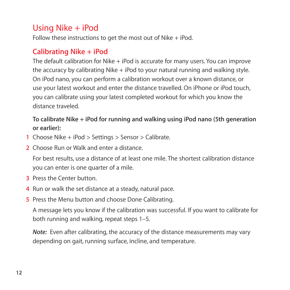 Using nike + ipod, Calibrating nike + ipod | Apple Nike + iPod Sensor User Manual | Page 12 / 32