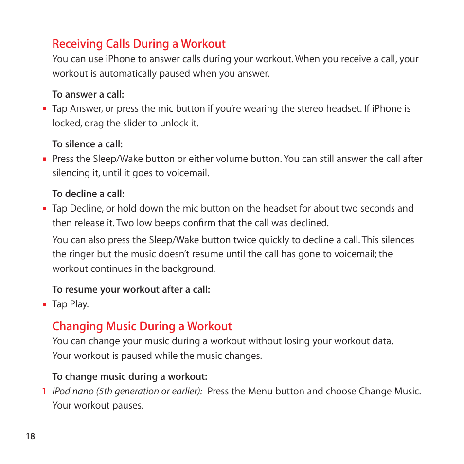 Receiving calls during a workout, Changing music during a workout | Apple Nike + iPod Sensor User Manual | Page 18 / 32