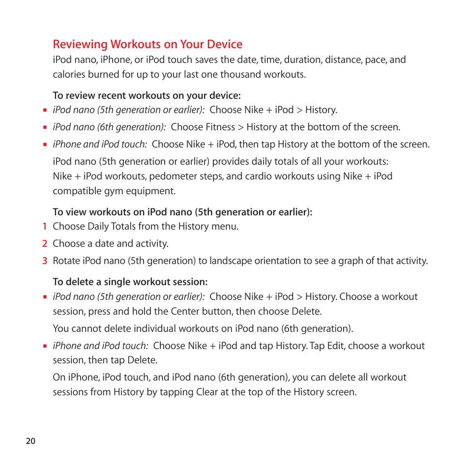 Reviewing workouts on your device | Apple Nike + iPod Sensor User Manual | Page 20 / 32
