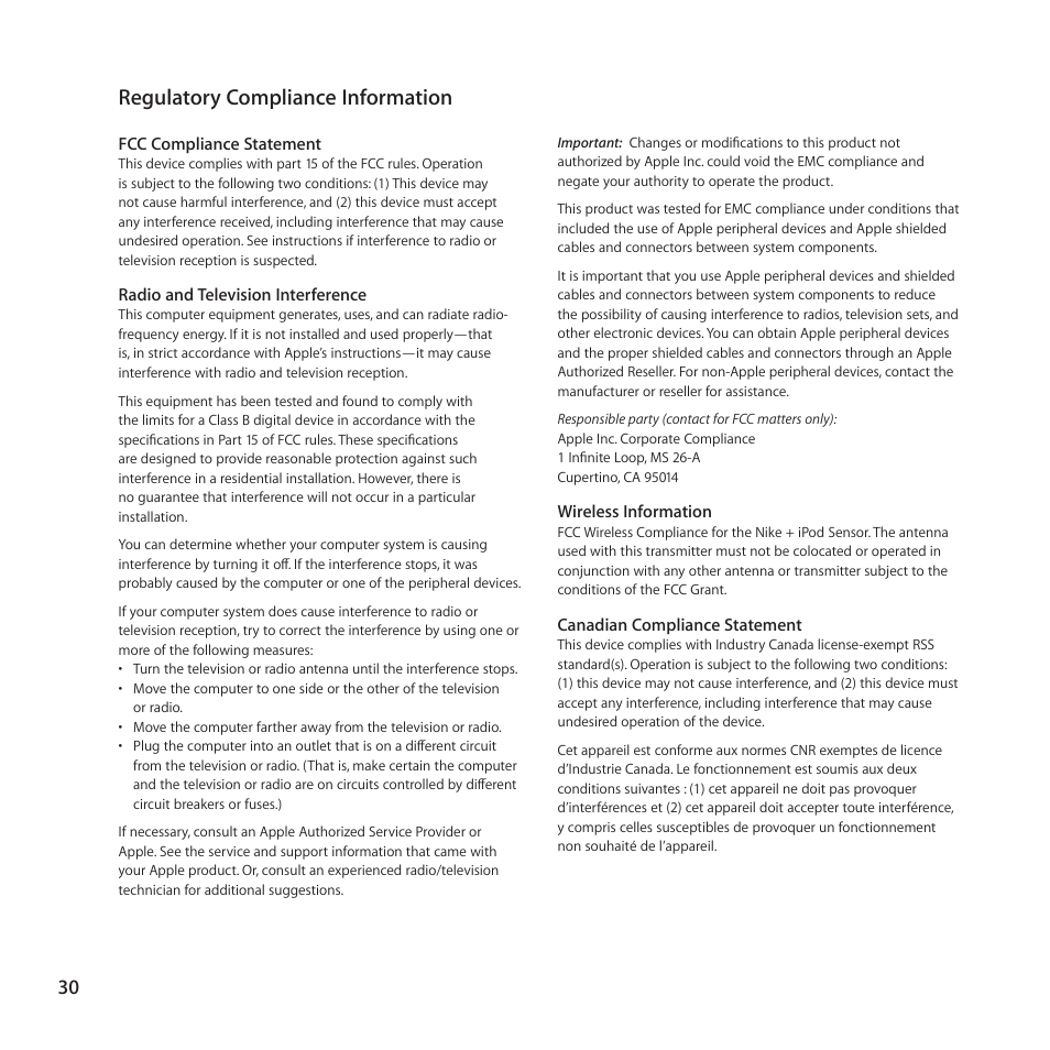Regulatory compliance information | Apple Nike + iPod Sensor User Manual | Page 30 / 32