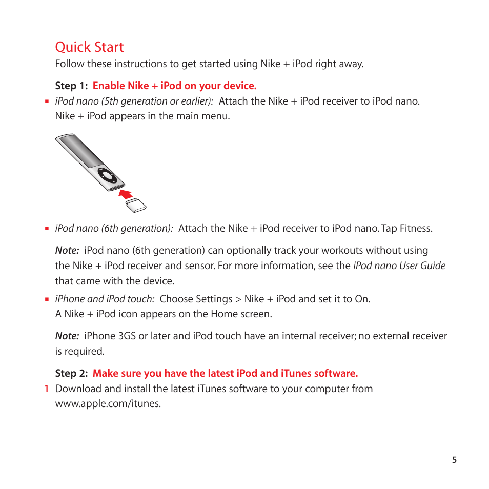 Quick start | Apple Nike + iPod Sensor User Manual | Page 5 / 32