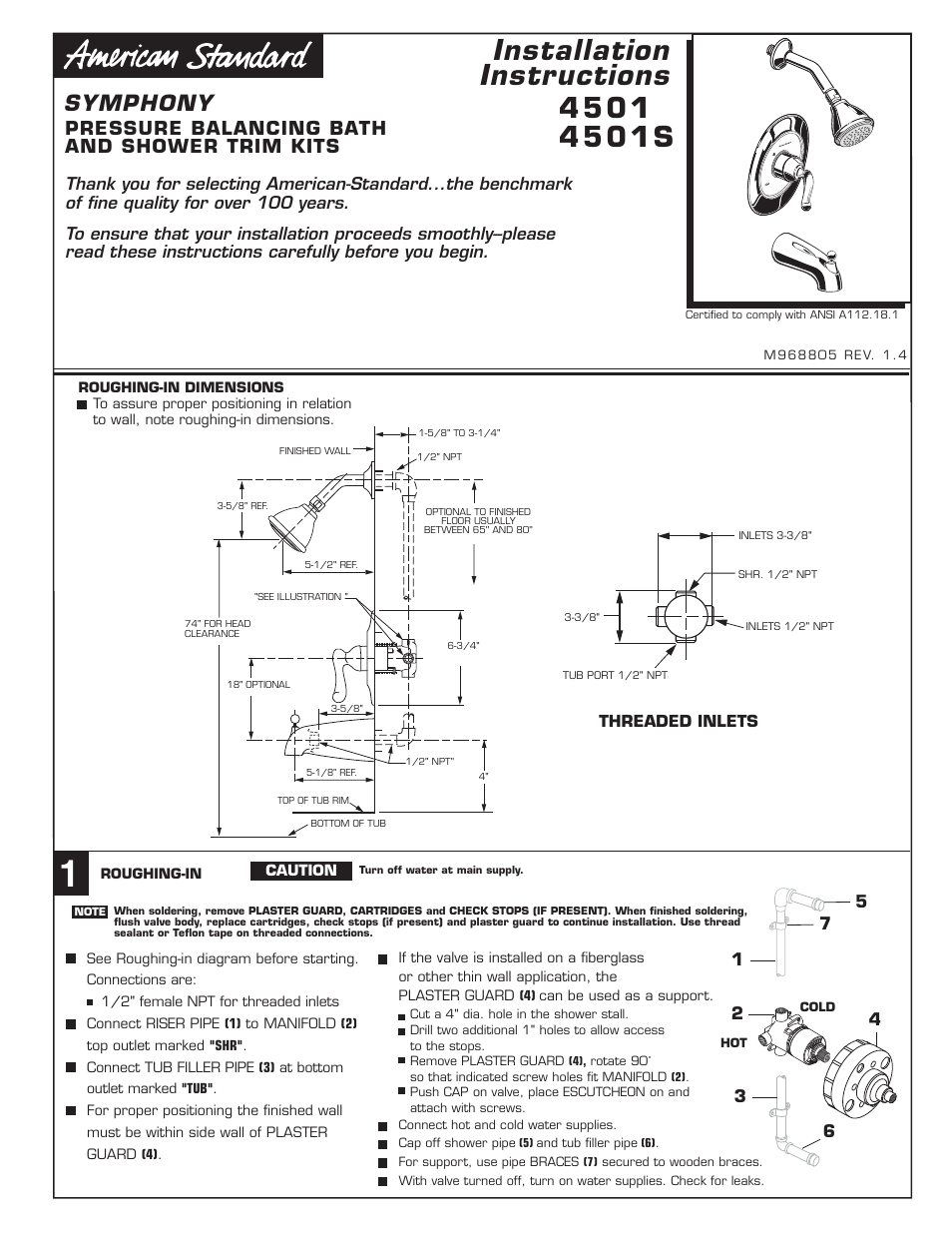 American Standard SYMPHONY 4501 User Manual | 2 pages