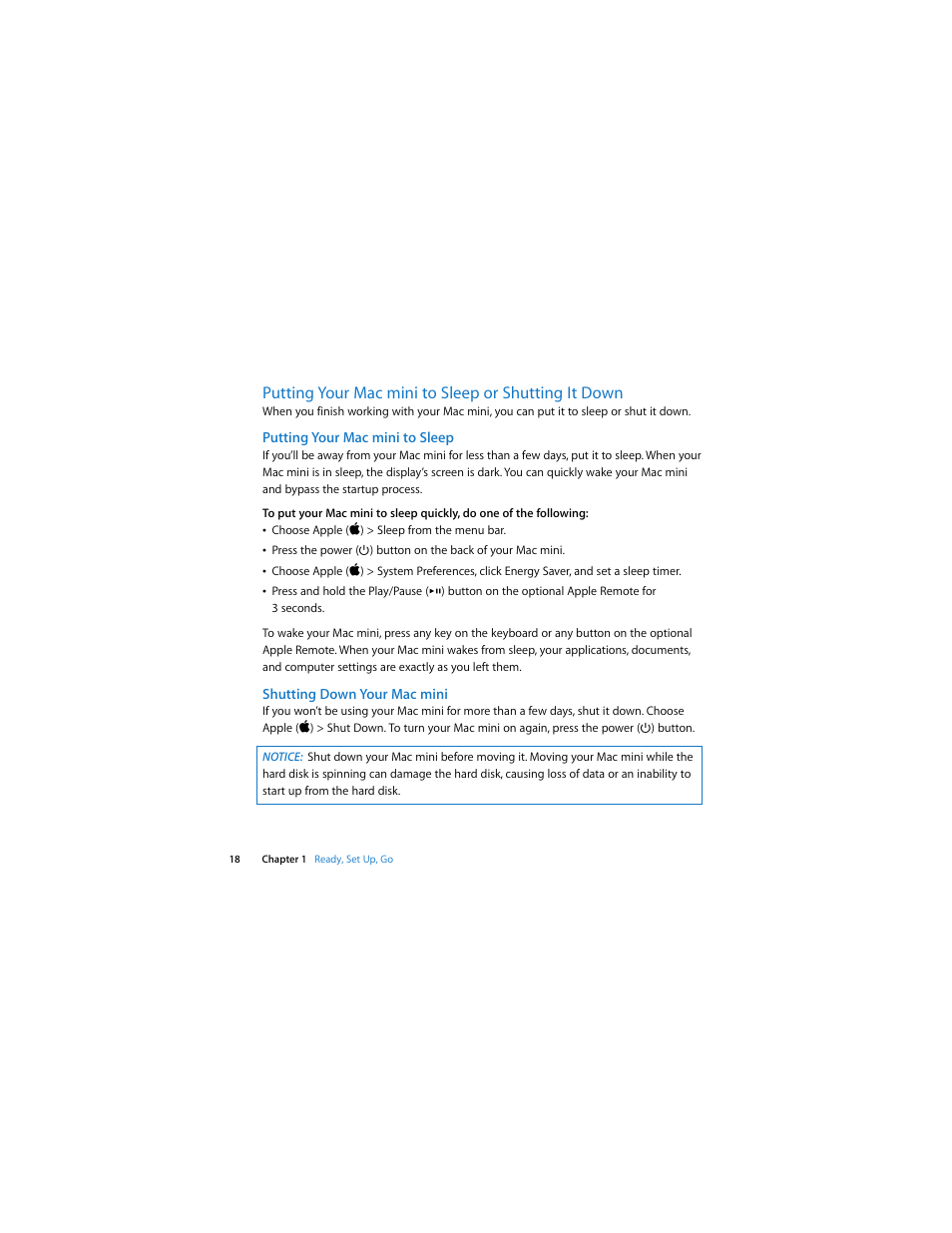 Putting your macmini to sleep or shutting it down, Putting your macmini to sleep, Shutting down your macmini | Putting your mac mini to sleep or shutting it down | Apple Mac mini (Early 2009) User Manual | Page 18 / 64