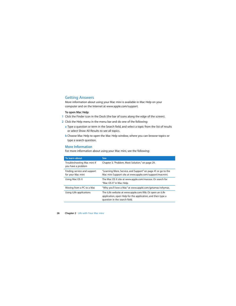 Getting answers, More information | Apple Mac mini (Early 2009) User Manual | Page 26 / 64