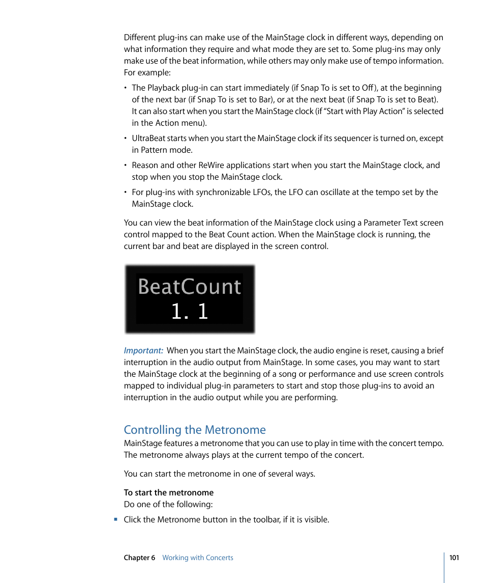 Controlling the metronome | Apple MainStage 2 User Manual | Page 101 / 172