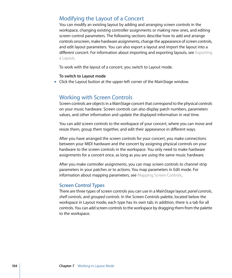 Modifying the layout of a concert, Working with screen controls, Screen control types | Working with, Screen controls | Apple MainStage 2 User Manual | Page 104 / 172