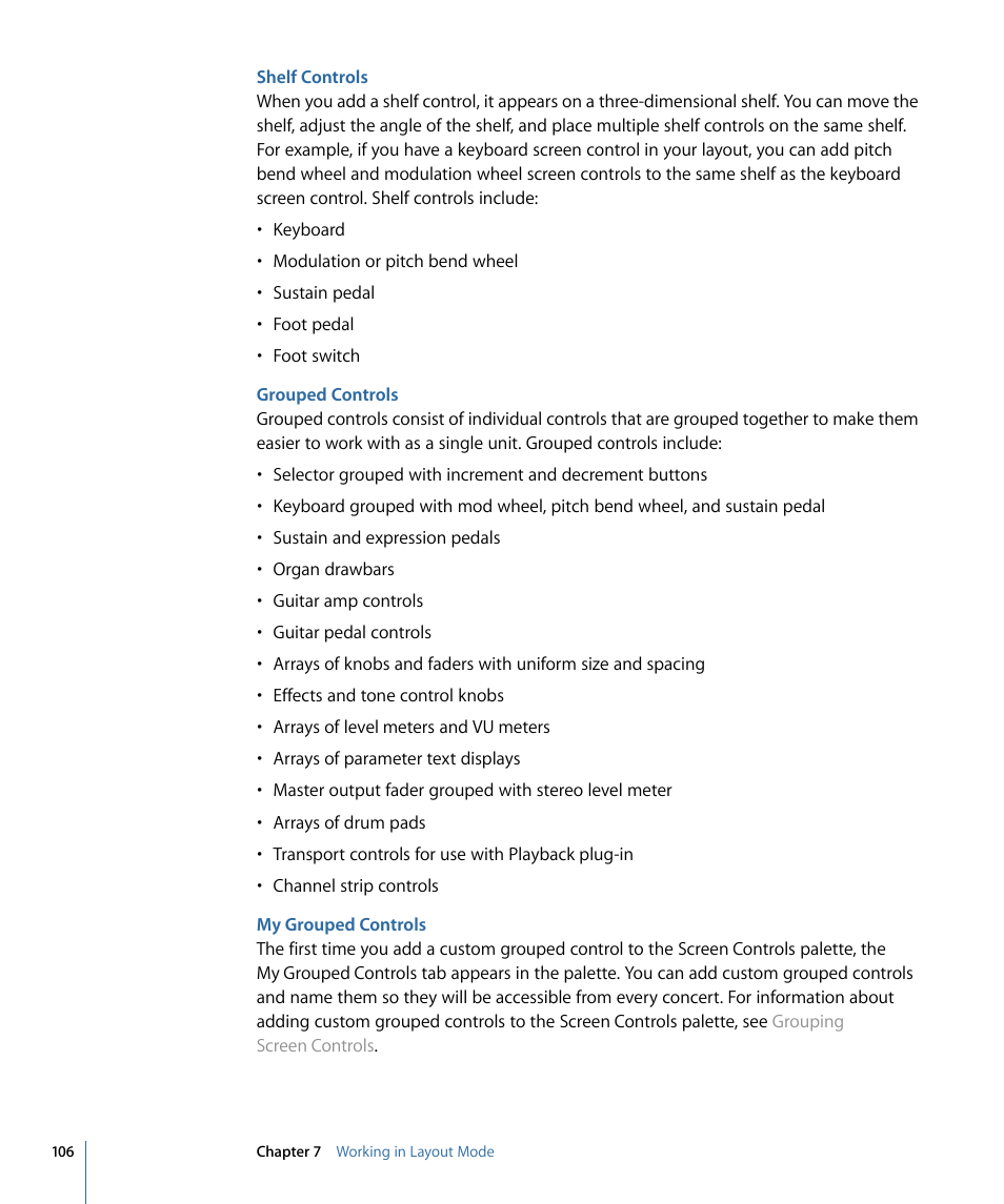 Shelf controls, Grouped controls, My grouped controls | Apple MainStage 2 User Manual | Page 106 / 172